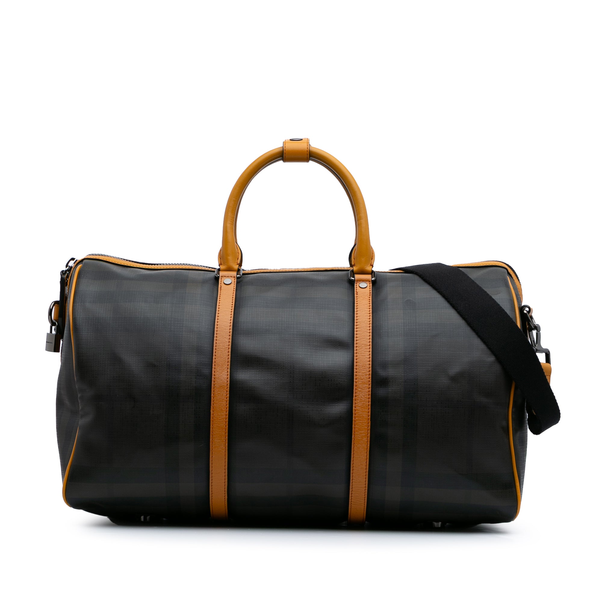 Burberry | Pre-Owned Smoke Check Coated Canvas Holdall Barrel Duffle Bag | Brown/Dark Brown