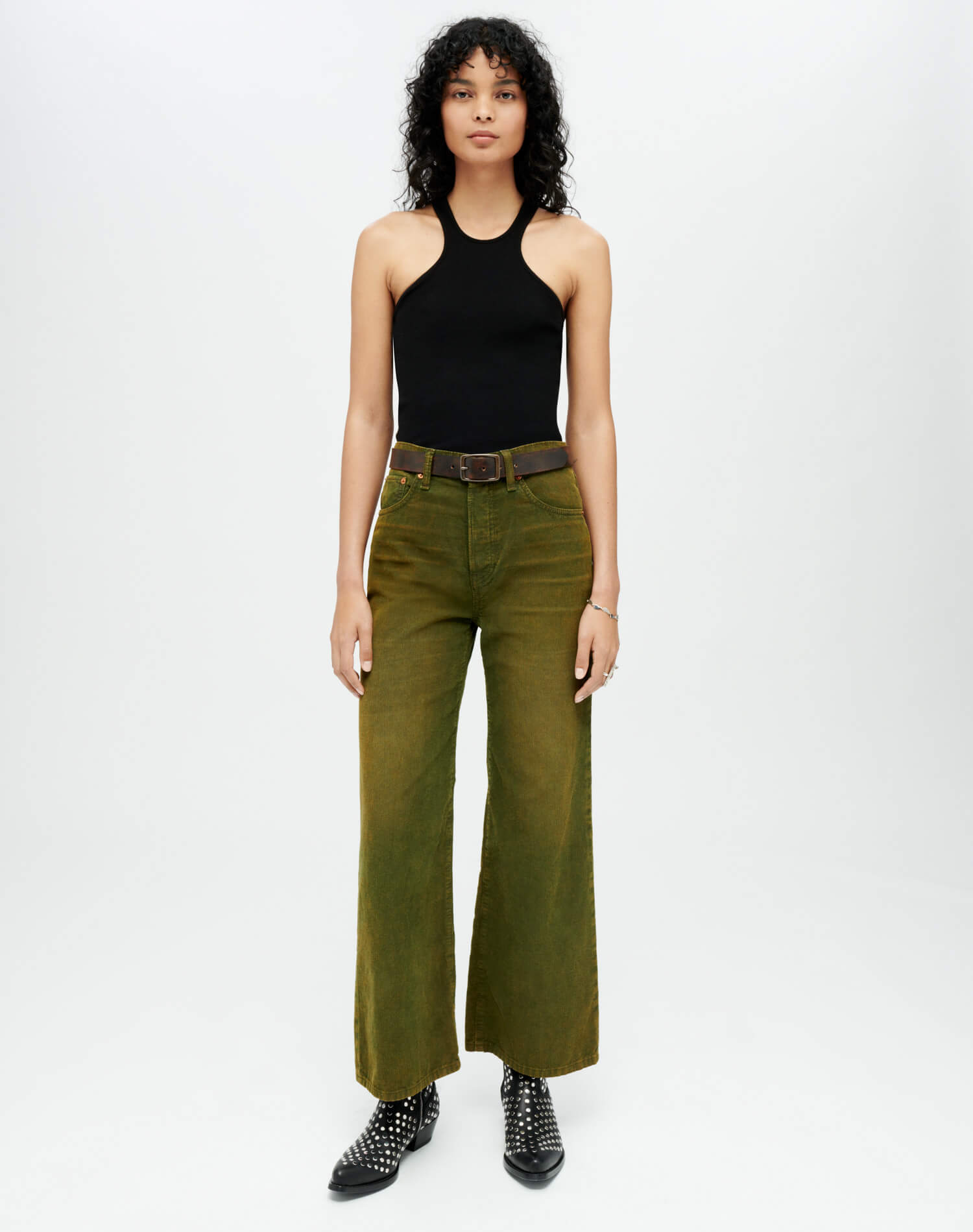 Corduroy High Rise Wide Leg Crop | Distressed Fern Cord