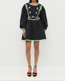Laney Short Dress in quilted black cotton with mint and brown floral design and Rivka Brown Velvet Platform Sandal.