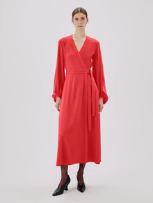 Another Tomorrow Lantern Sleeve Wrap Dress in Geranium – Viscose Women's Dress