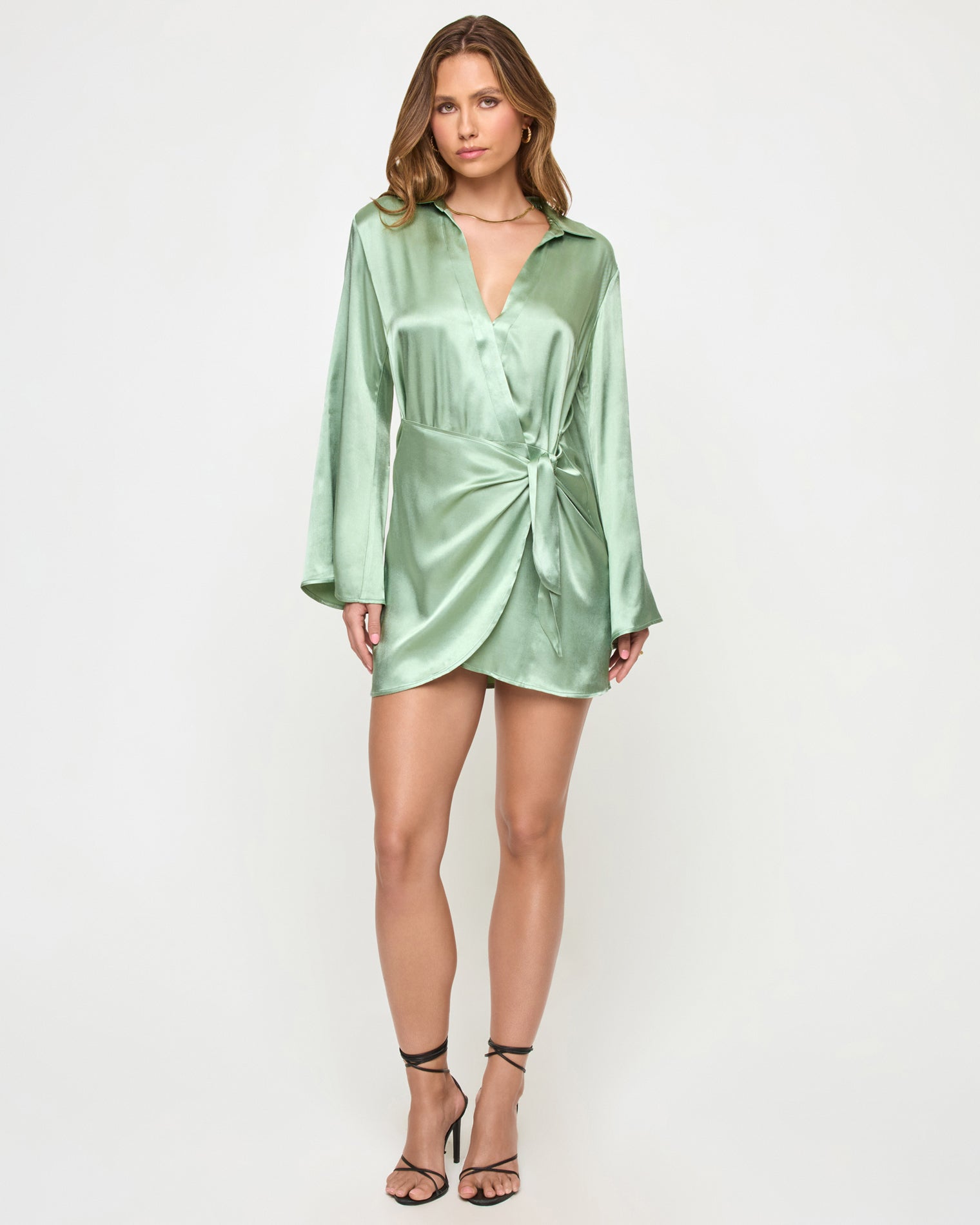 Celedon | Badge:New Arrival_#B2AC88_#ffffff' Green satin mini wrap dress