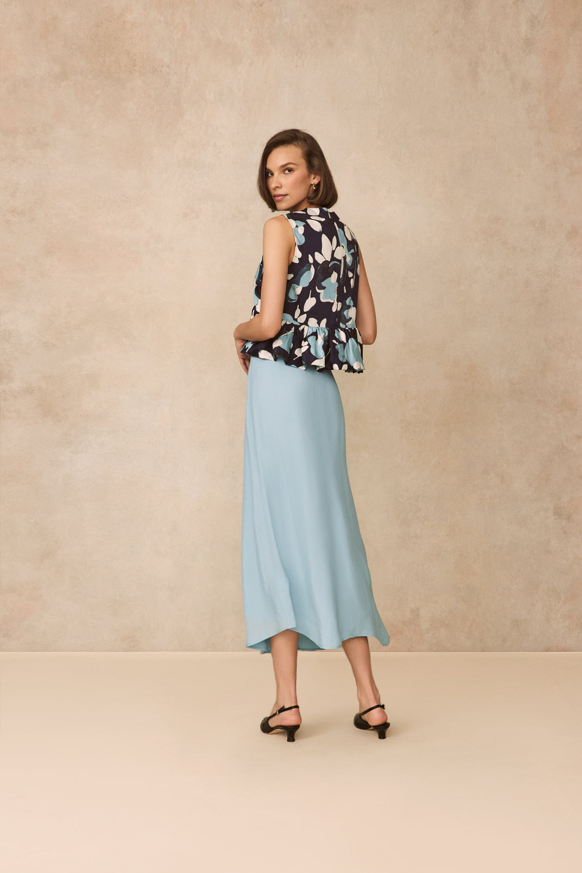 Floral Painted Cotton Flounce Hem Top | Navy Multi