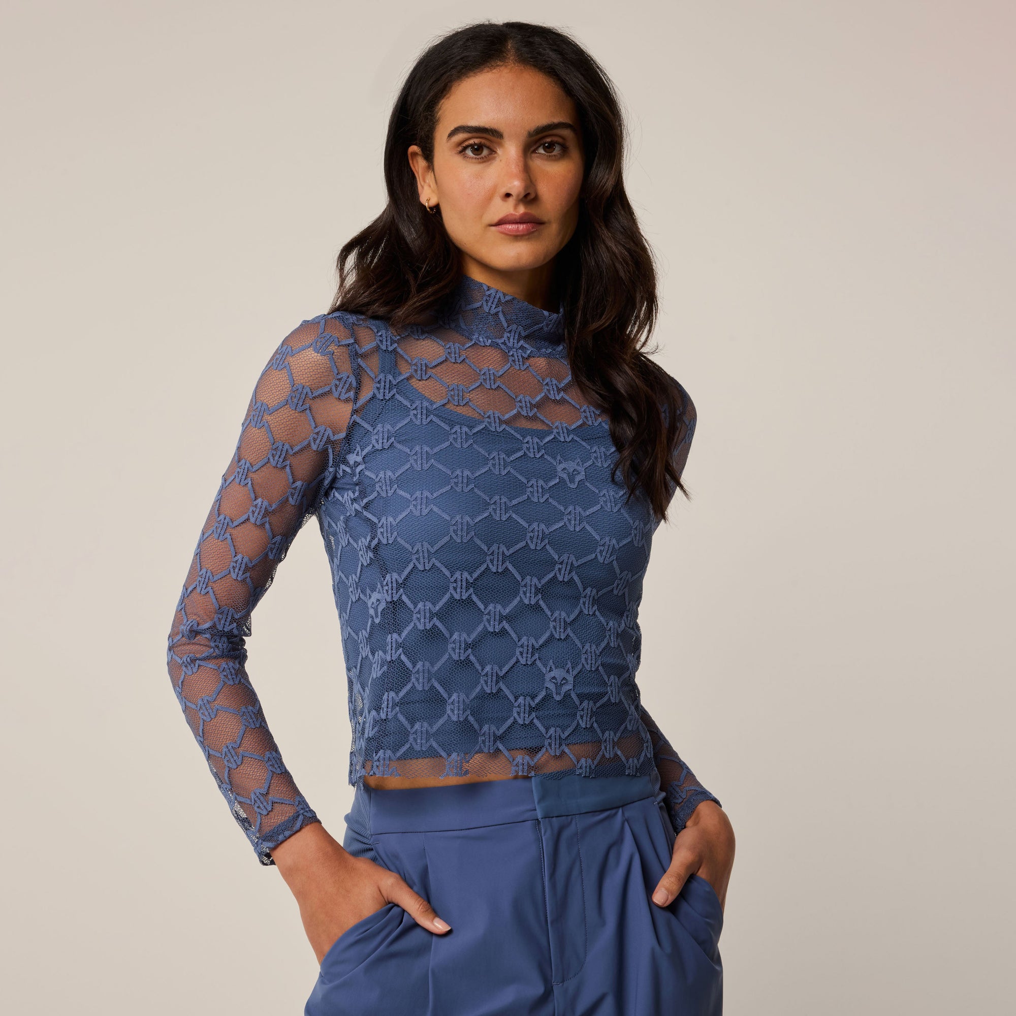 Women | Wolf Links Lace Long Sleeve Mock Neck Top | Vintage Indigo