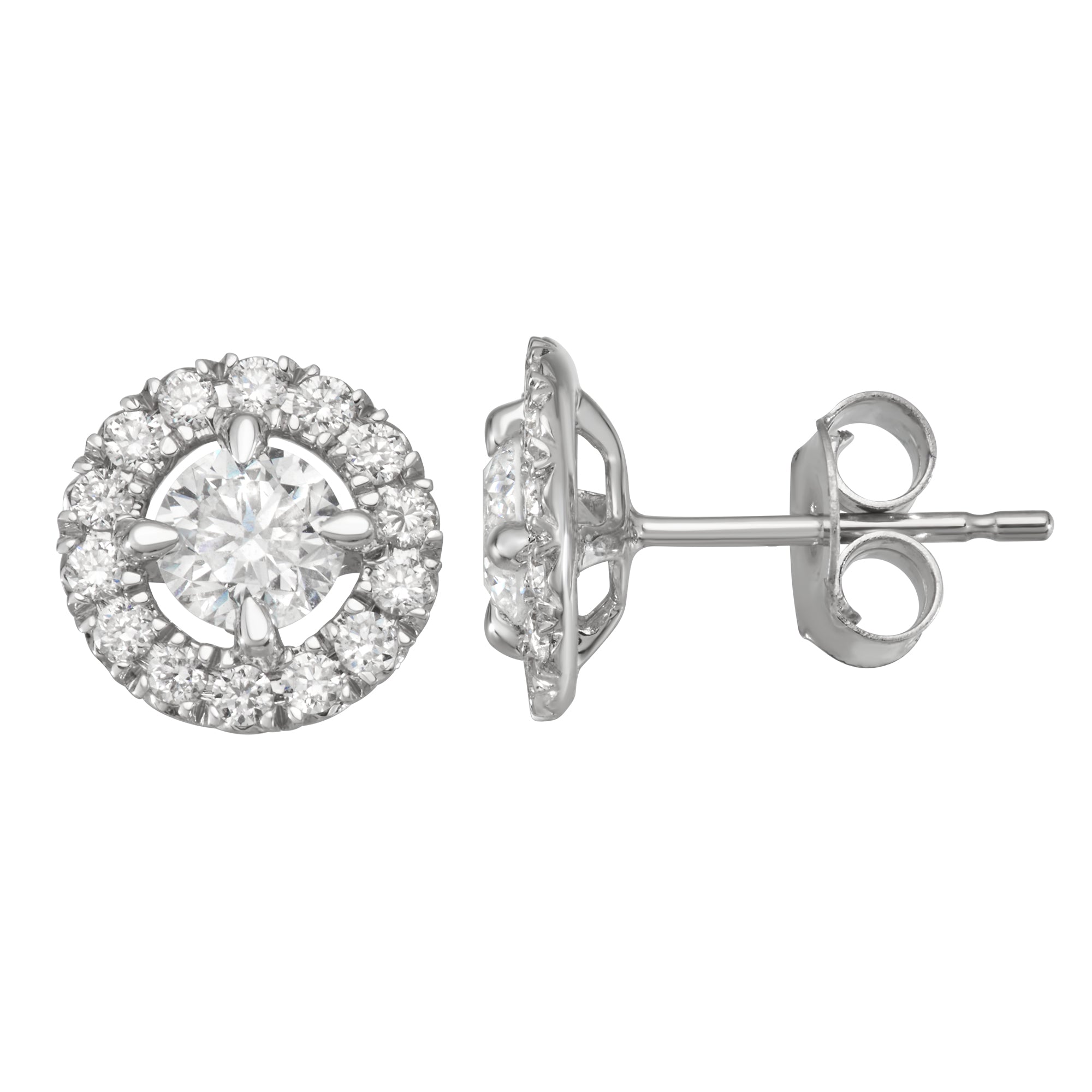 Womens | 1.00 CT Round Cut Lab Grown Diamond | Halo Stud | 14K White Gold | I-I1