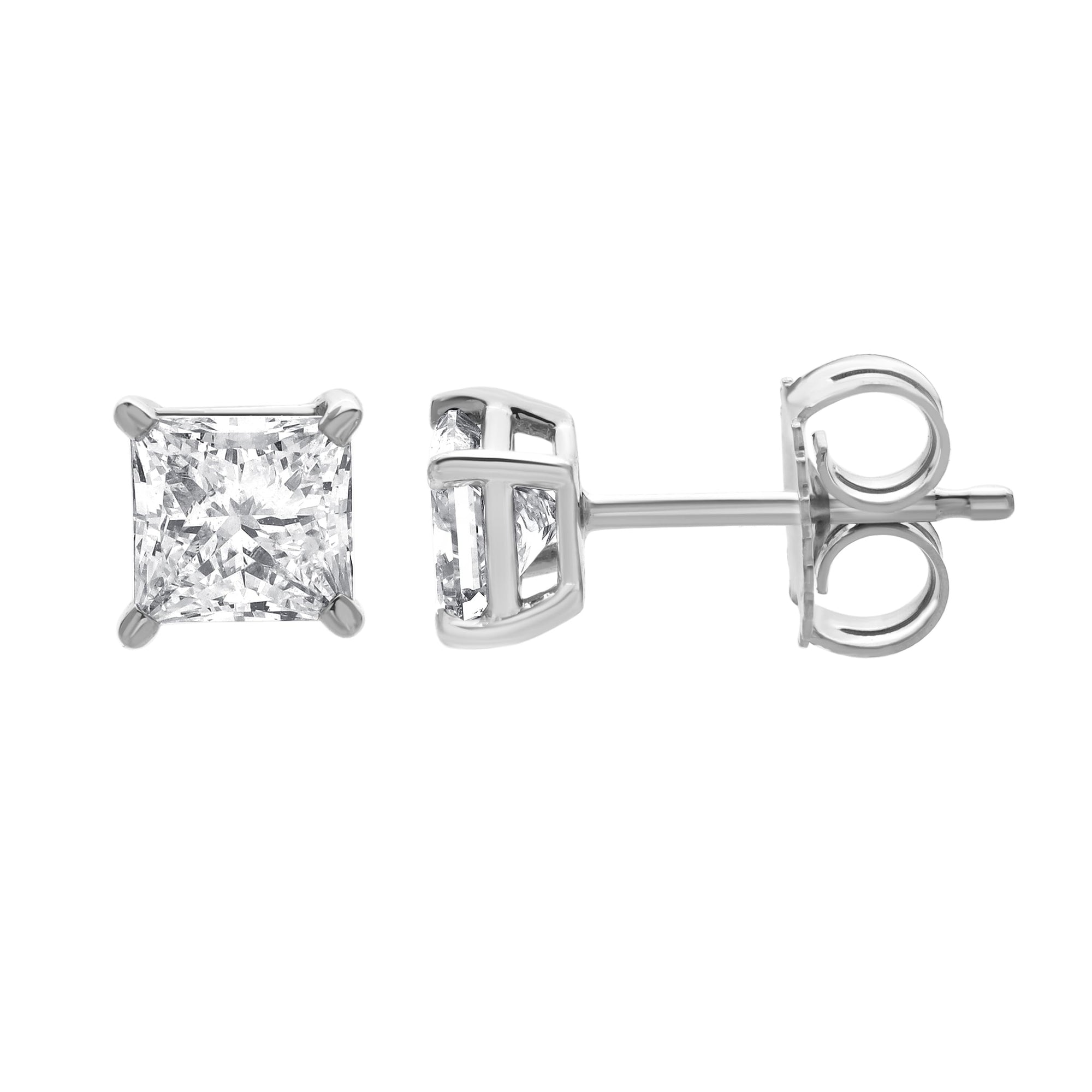 Womens | 1.50 CT  Princess Cut Lab Grown Diamond | Solitaire Stud | 14K White Gold | G-VS1