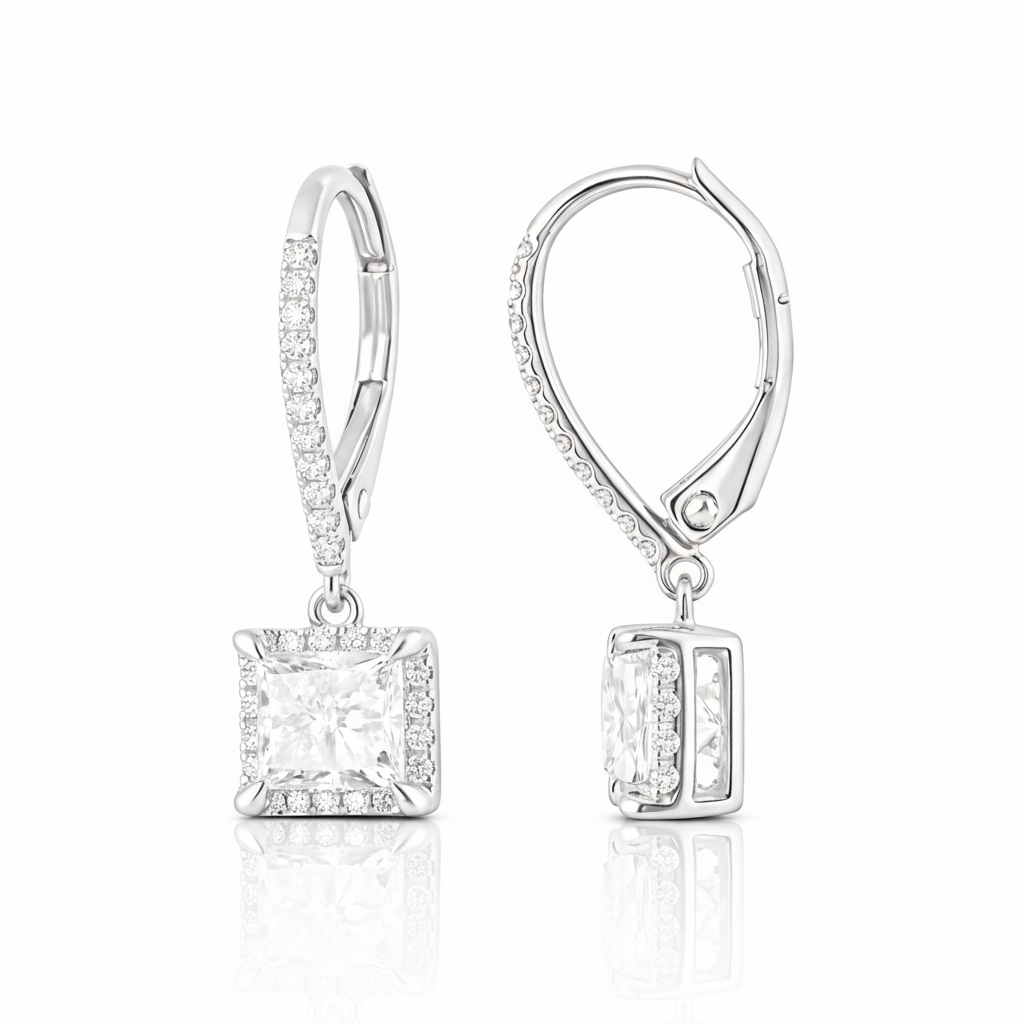1.70 CT Princess/Round Lab-Grown Diamond | Dangle Earrings | 14K White Gold | F Color | VS Clarity