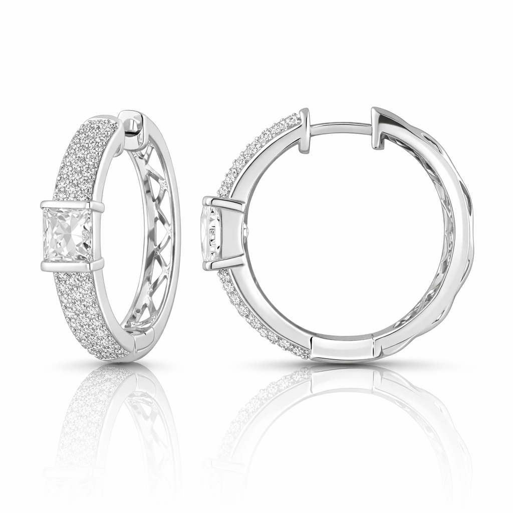 0.90 CT Princess/Round Lab-Grown Diamond | Hoop Earrings | 14K White Gold | F Color | VS Clarity