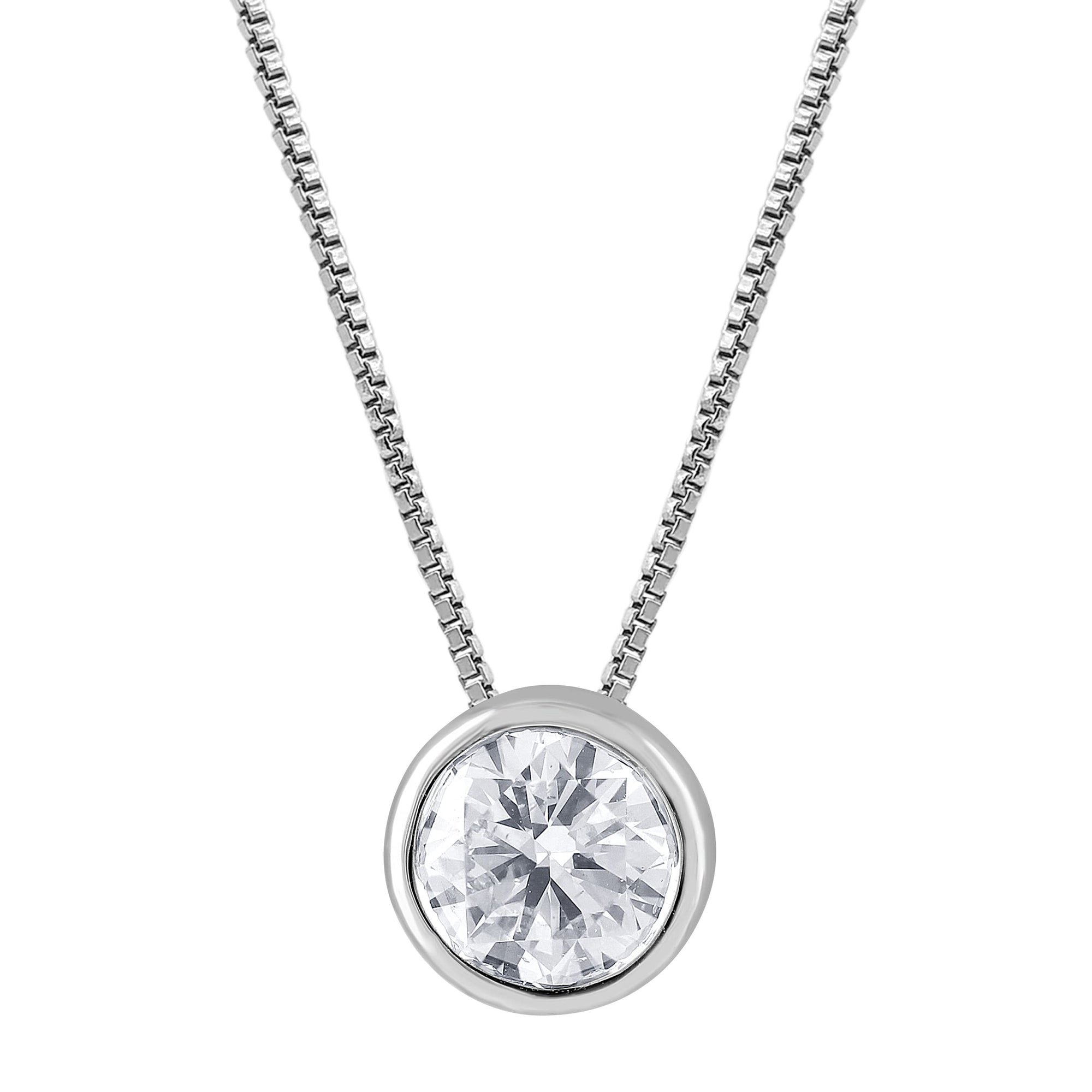 Womens | 0.60 CT Round Cut Lab Grown Accent Diamond | Solitaire Bezel Set Pendant Necklace | 14K White Gold | I-I1