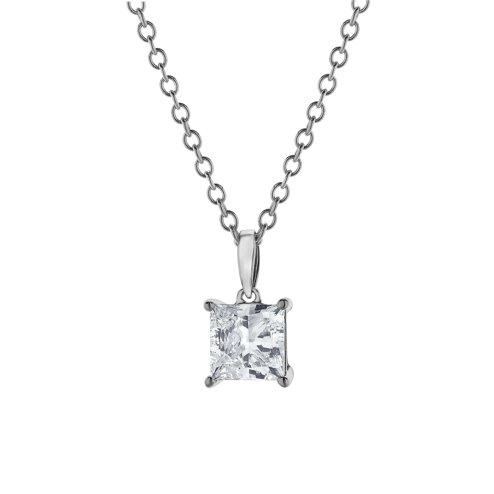 Womens | 0.75 CT  Princess Cut Lab Grown Diamond | Solitaire Pendant Necklace | 14K White Gold | G-VS1