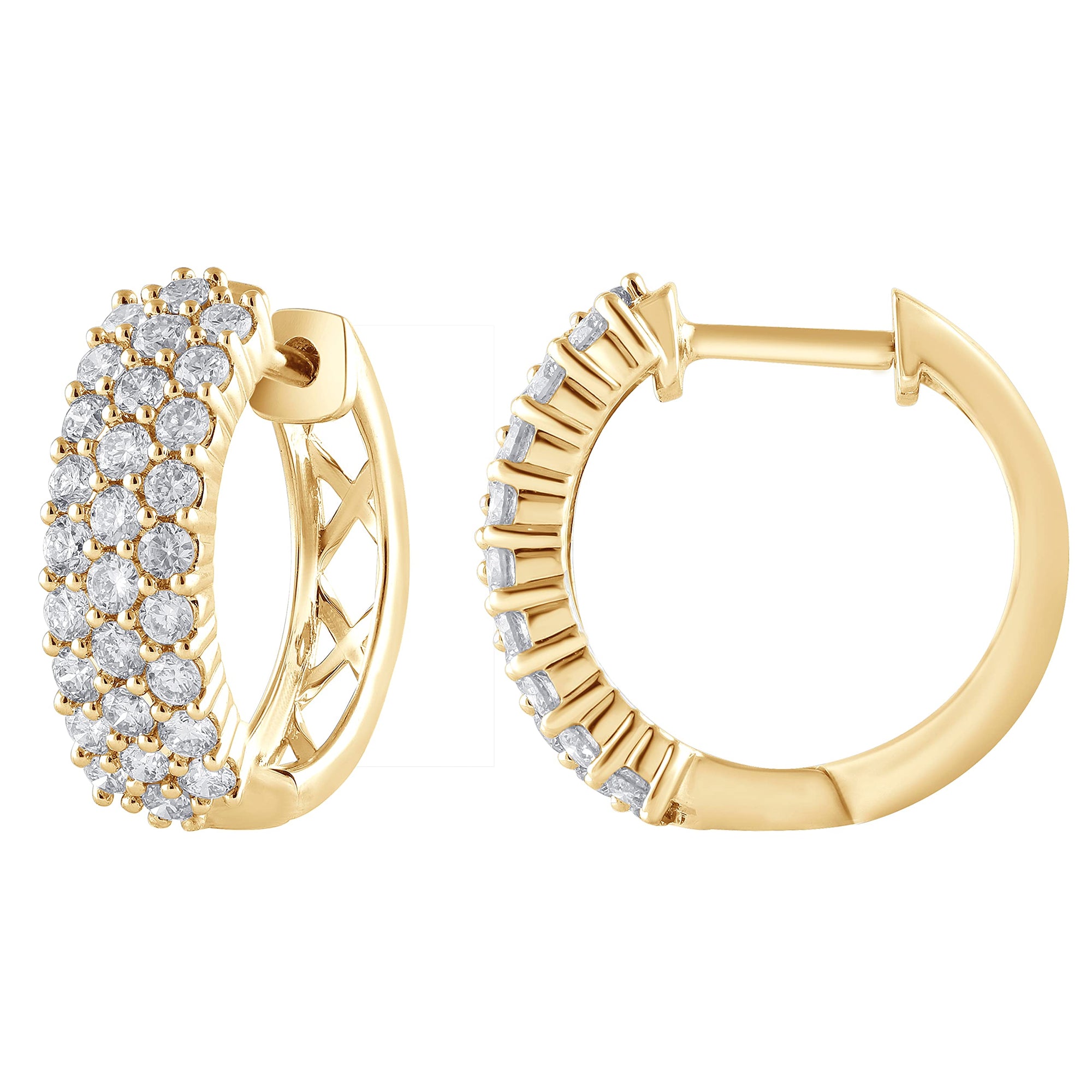 Womens | 1.00 CT Round Cut Lab Grown Diamond | Cluster Hoop | 14K Yellow Gold | J-K-I1-I2