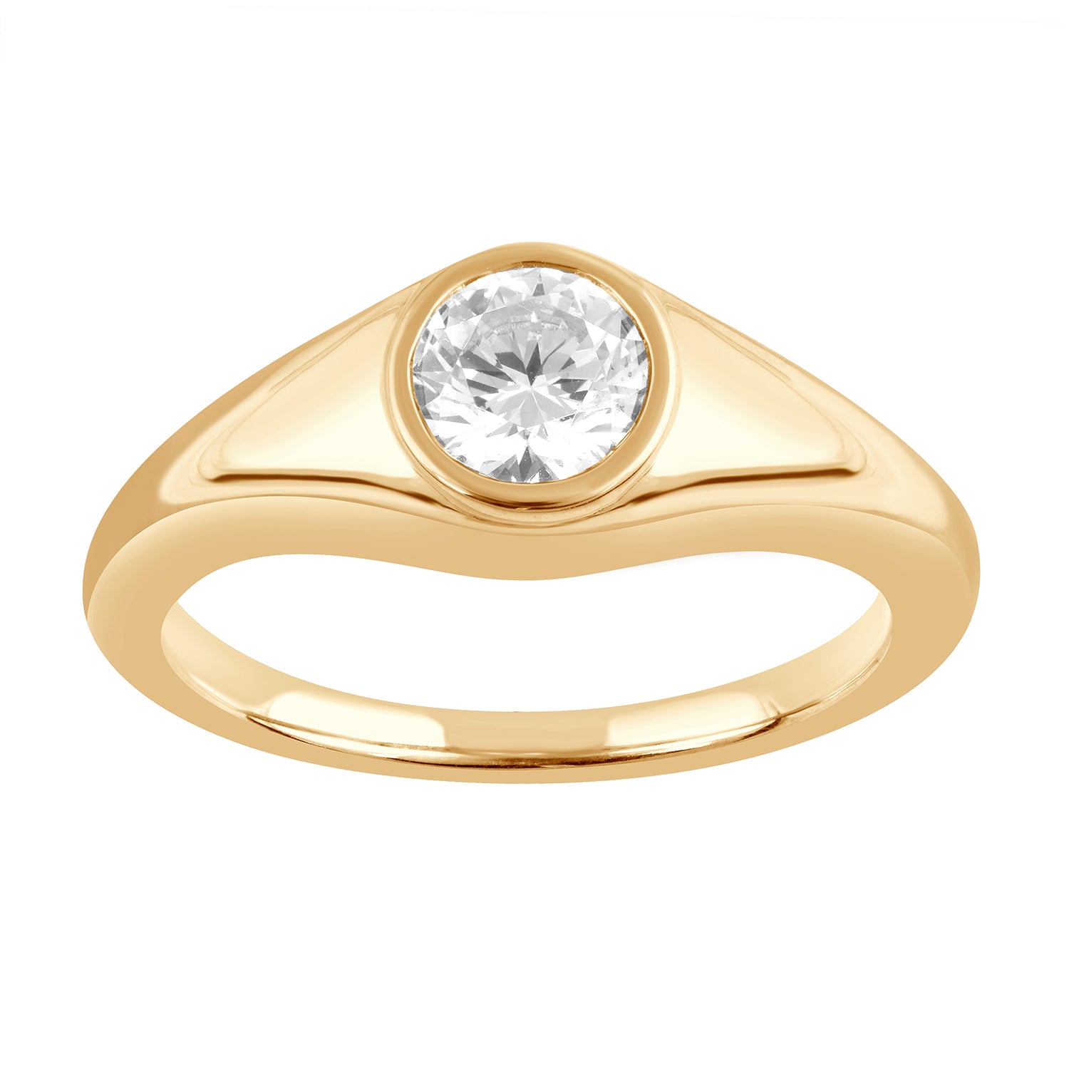 Womens | 0.60 CT Round Cut Lab Grown Diamond | Bezel Set Solitaire Engagement Ring | Yellow Gold Flashed Silver | H-I-SI3/I1