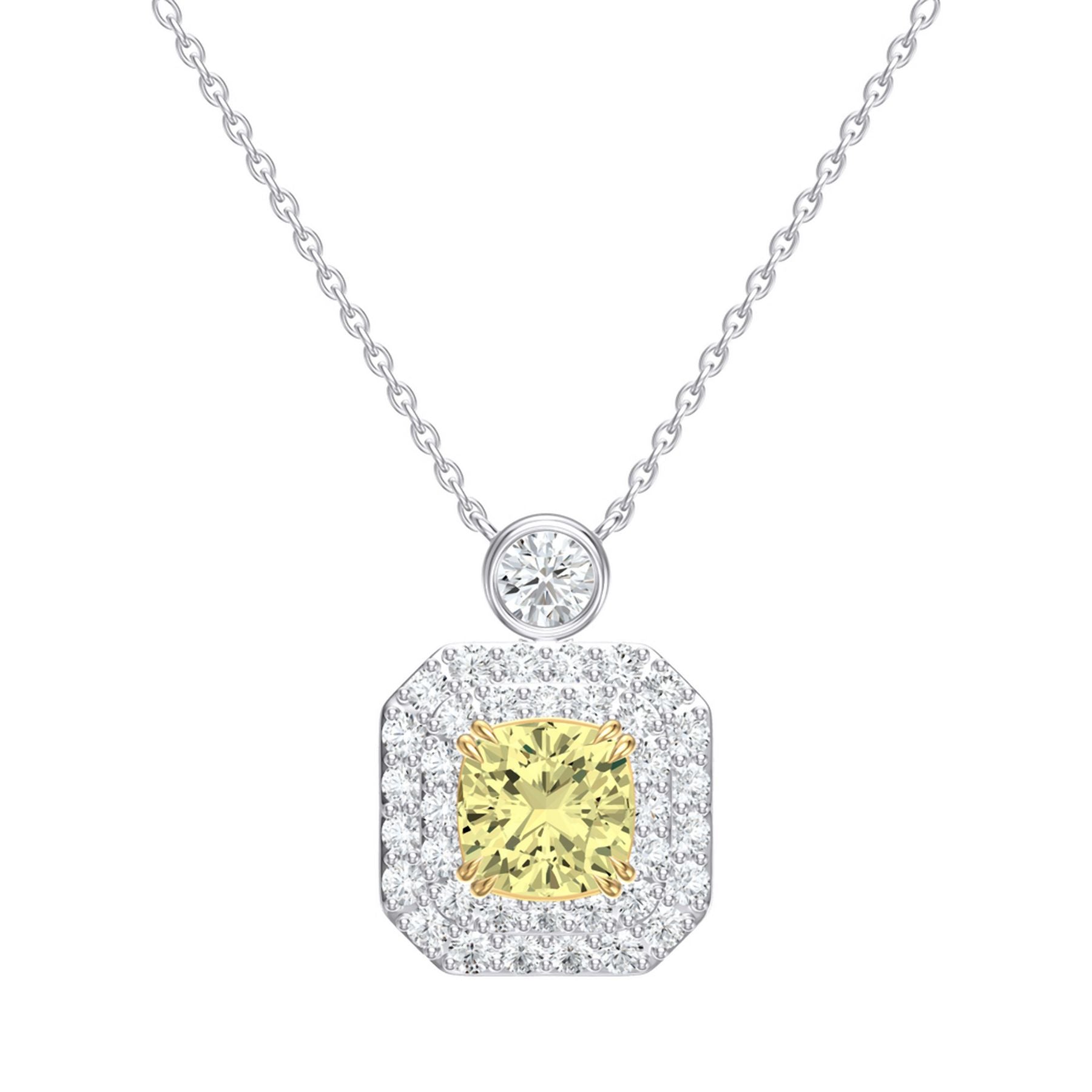 2.00 CT Yellow Cushion/Round Lab-Grown Diamond | Necklace | 14K Two Tone Gold | G Color | VS Clarity