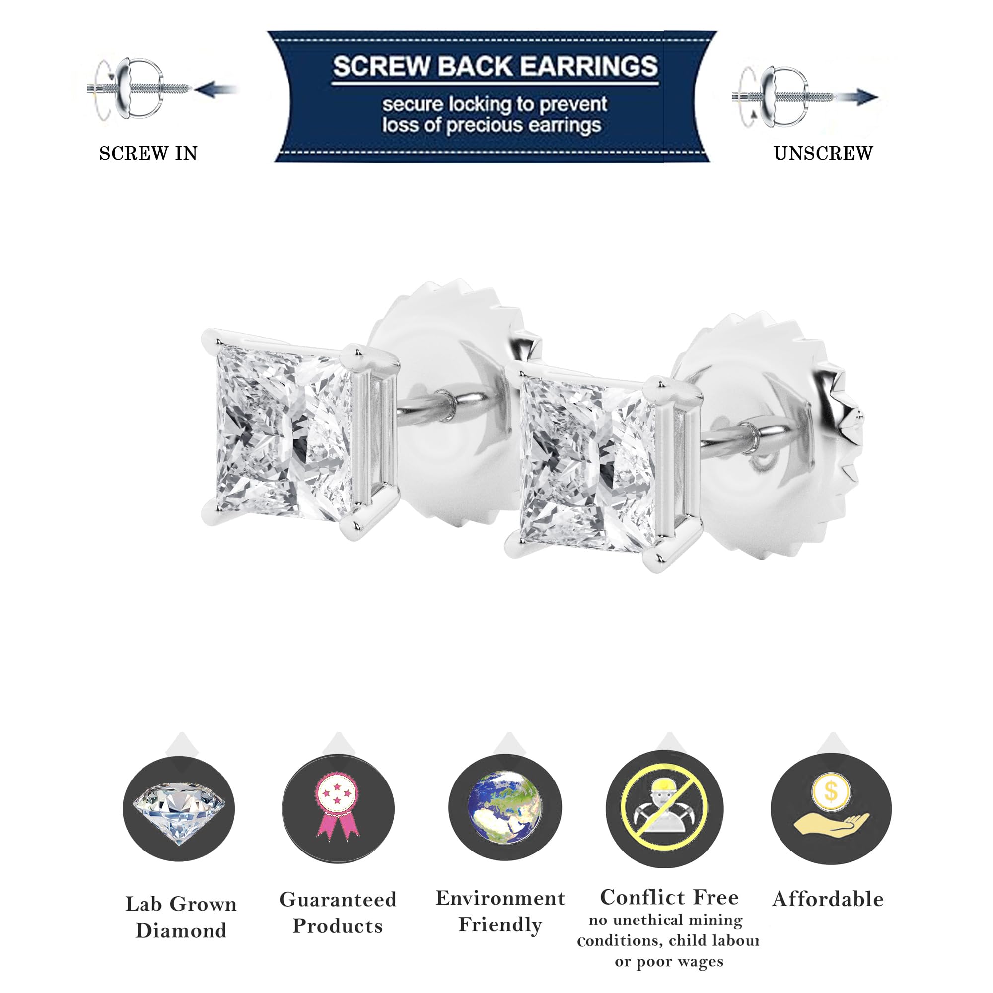 Womens | 2.00 CT  Princess Cut Lab Grown Diamond | Solitaire Stud | 14K White Gold | H-VS