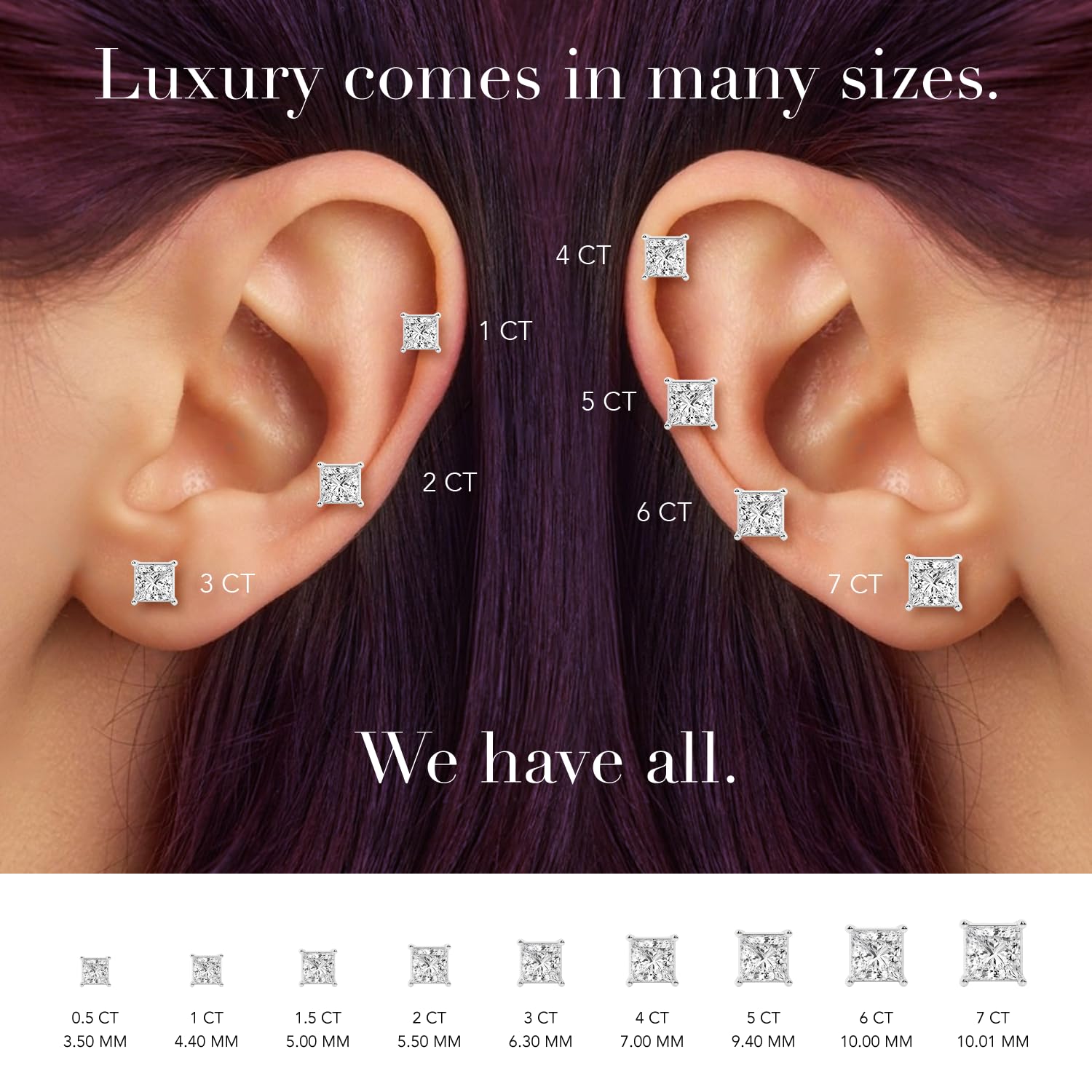 Womens | 2.00 CT  Princess Cut Lab Grown Diamond | Solitaire Stud | 14K White Gold | H-VS