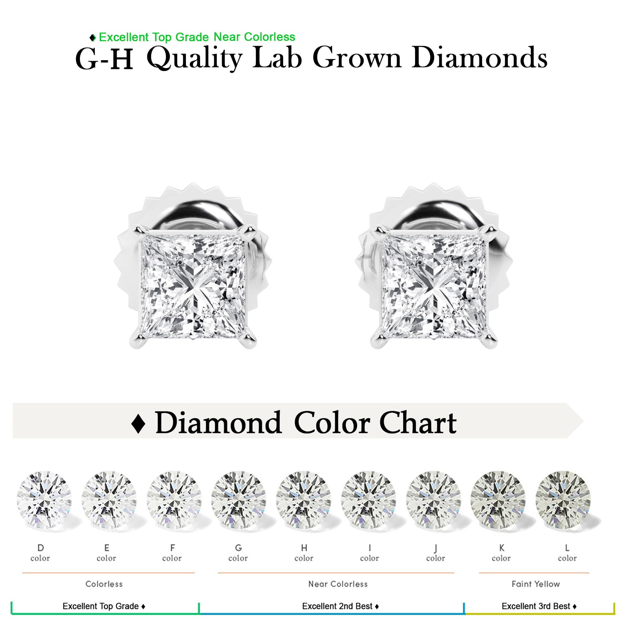 Womens | 2.00 CT  Princess Cut Lab Grown Diamond | Solitaire Stud | 14K White Gold | H-VS