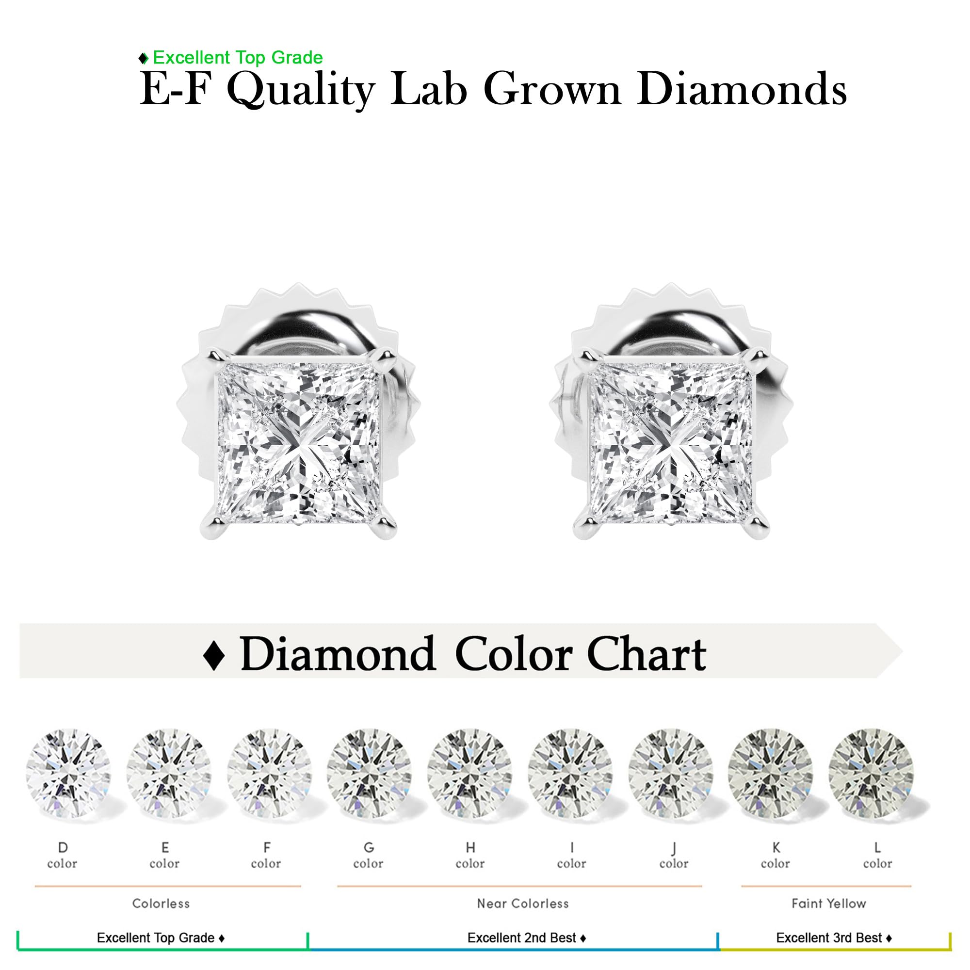 Womens | 2.00 CT  Princess Cut Lab Grown Diamond | Stud | 18K White Gold | F-VS