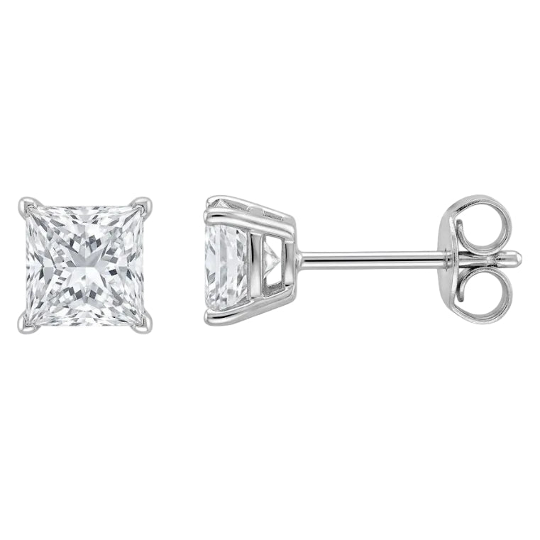 Womens | 0.45 CT  Princess Cut Lab Grown Diamond | Solitaire Stud | Sterling Silver | F-VS