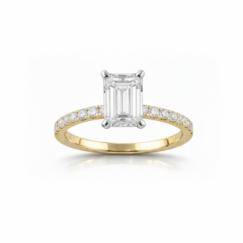 1.90 CT Emerald/Round Lab-Grown Diamond | Engagement Ring | 14K Two Tone Gold | F Color | VS Clarity