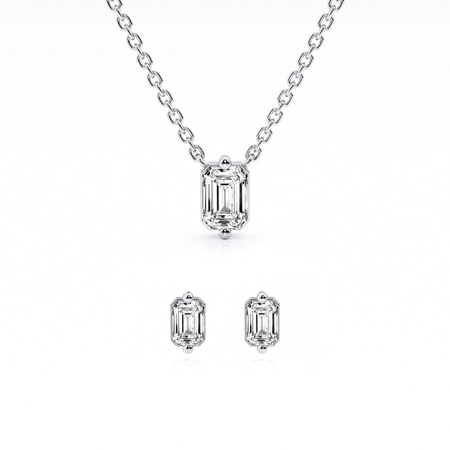 Womens | 0.50 CT  Emerald Cut Lab Grown Diamond | Solitaire Pendant Necklace-Stud Earrings Set | Sterling Silver | F-VS2