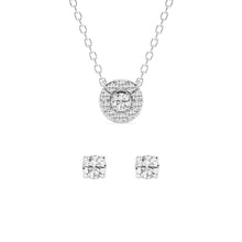 Womens | 0.33 CT Round Cut Lab Grown Diamond | Halo Solitaire Pendant Necklace-Stud Earrings Set | Sterling Silver | G-VS