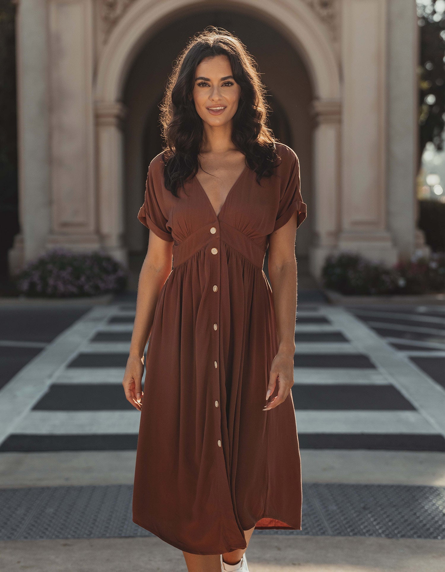 Women | Deep V Button Thru Dress | Clay