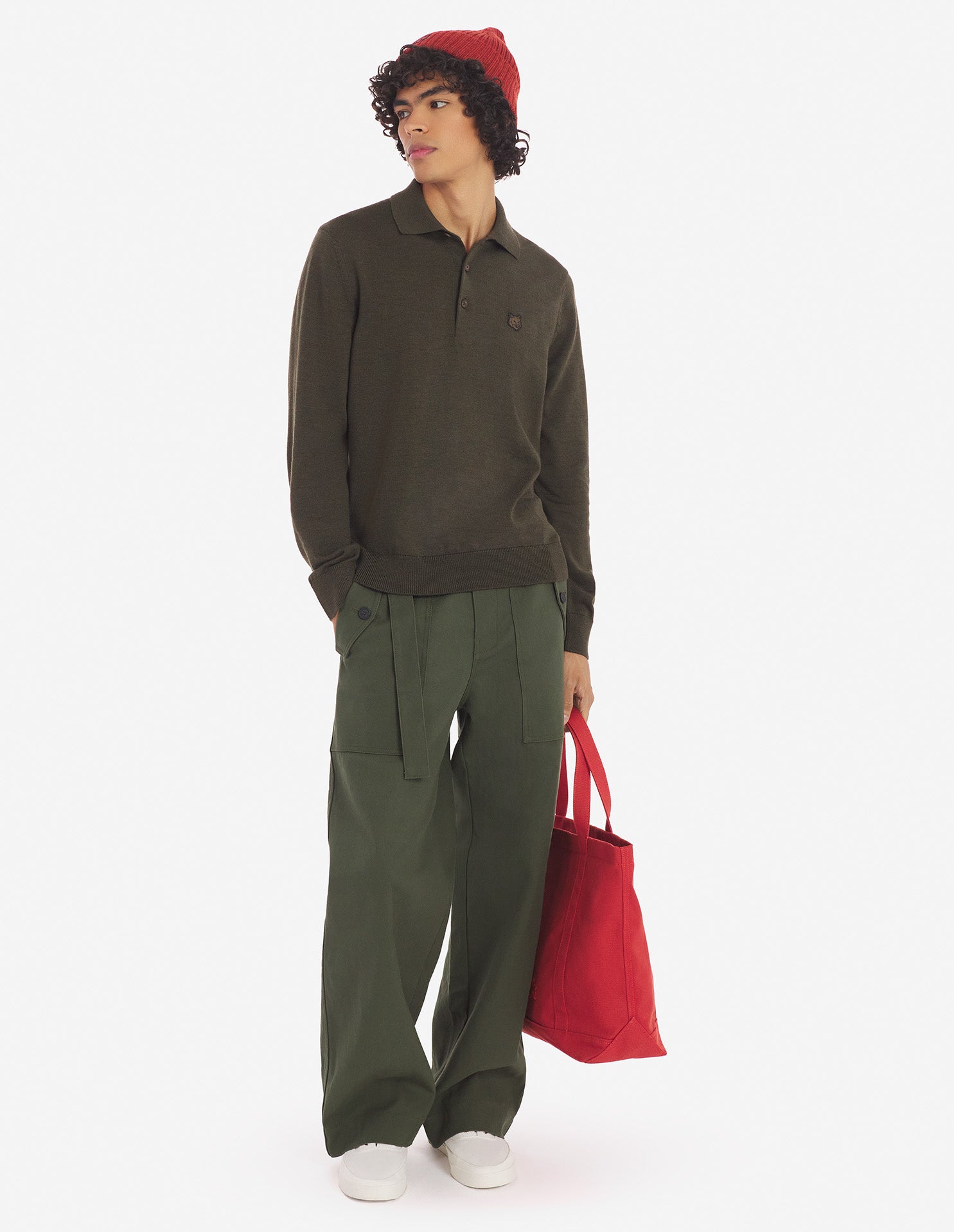 Mens | Bold Fox Head Patch Merino Wool Polo Jumper | Khaki