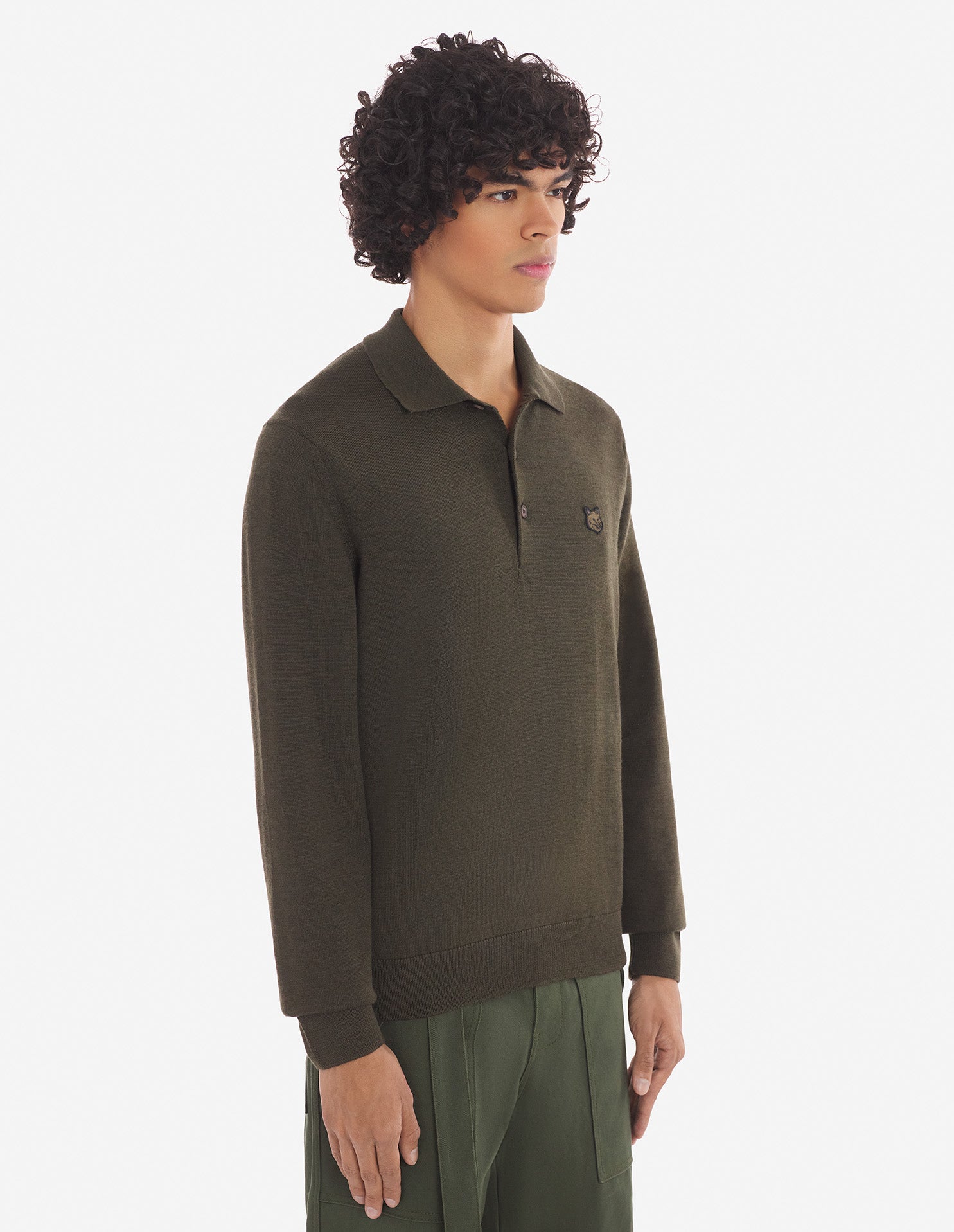 Mens | Bold Fox Head Patch Merino Wool Polo Jumper | Khaki