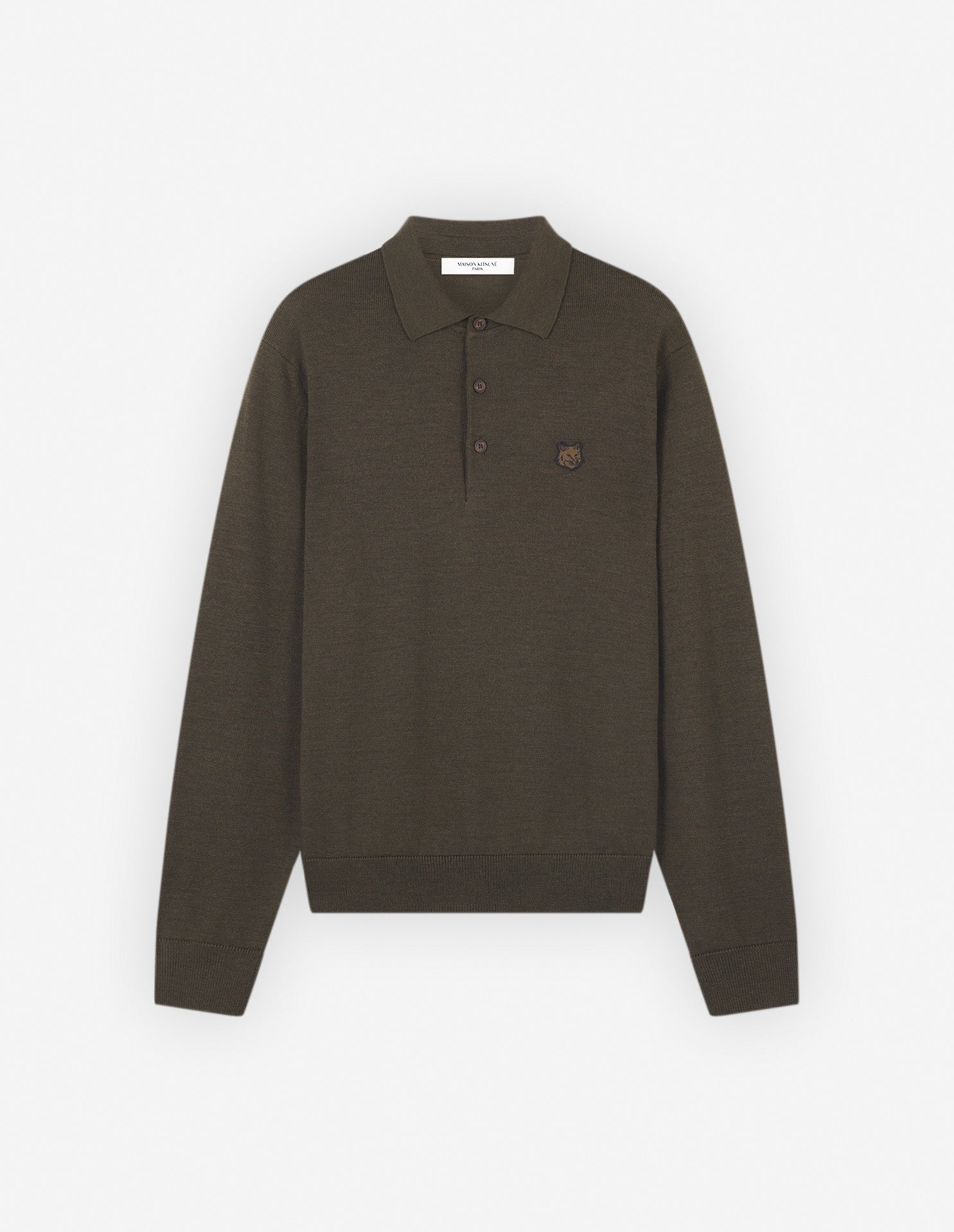 Mens | Bold Fox Head Patch Merino Wool Polo Jumper | Khaki
