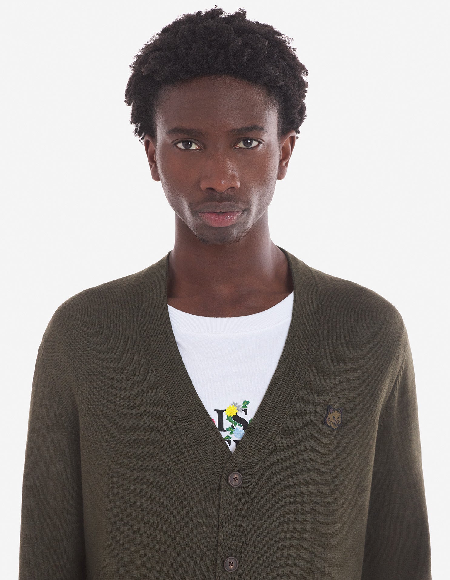 Mens | Bold Fox Head Patch Regular Cardigan | Khaki
