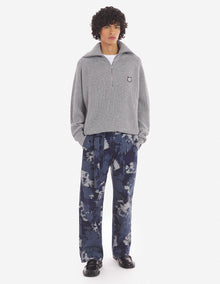 Mens | Bold Fox Head Patch Half Zip Ribbed Merino Wool-Blend Jumper | Grey Melange