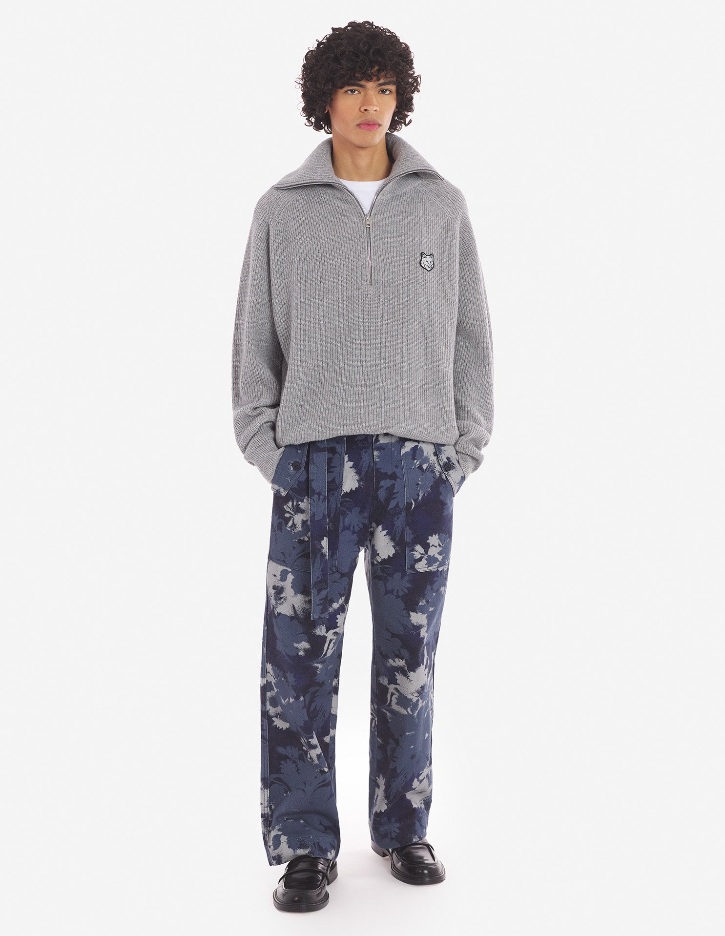 Mens | Bold Fox Head Patch Half Zip Ribbed Merino Wool-Blend Jumper | Grey Melange