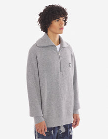 Mens | Bold Fox Head Patch Half Zip Ribbed Merino Wool-Blend Jumper | Grey Melange
