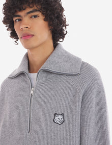 Mens | Bold Fox Head Patch Half Zip Ribbed Merino Wool-Blend Jumper | Grey Melange
