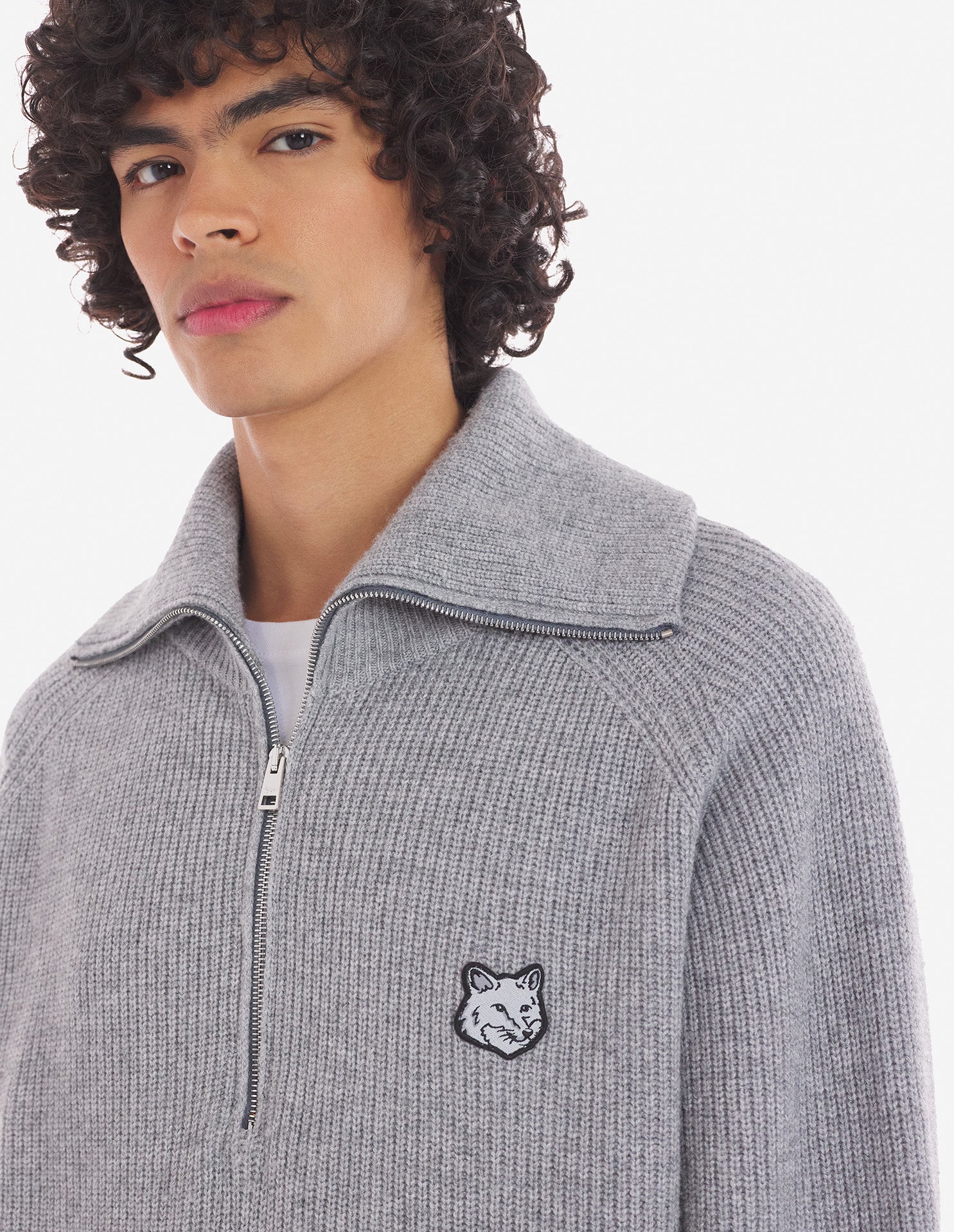Mens | Bold Fox Head Patch Half Zip Ribbed Merino Wool-Blend Jumper | Grey Melange