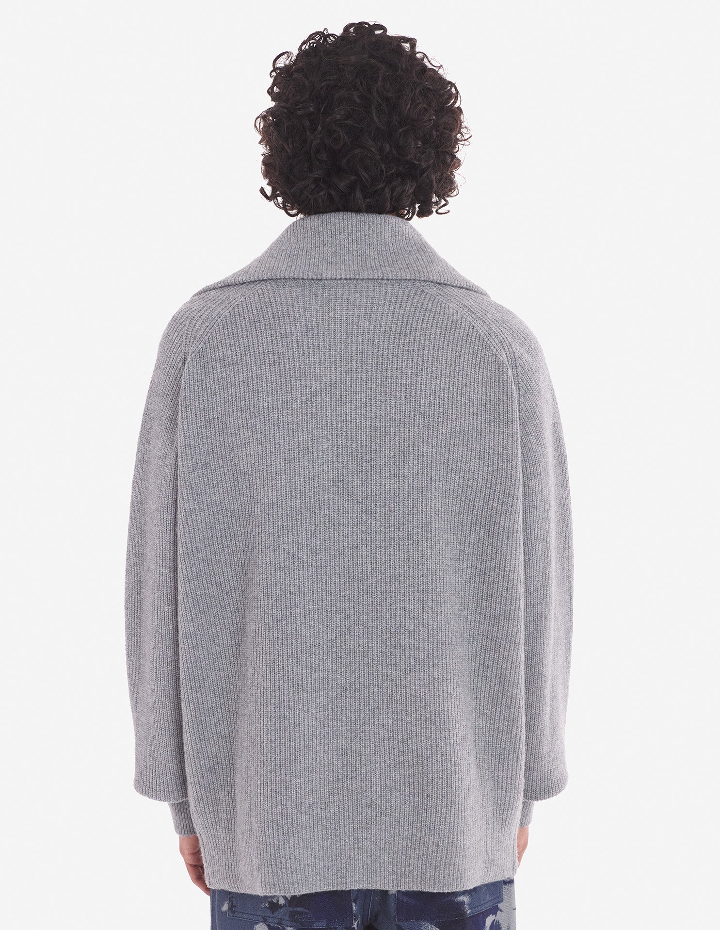 Mens | Bold Fox Head Patch Half Zip Ribbed Merino Wool-Blend Jumper | Grey Melange