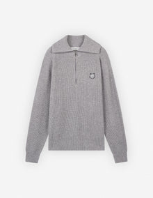 Mens | Bold Fox Head Patch Half Zip Ribbed Merino Wool-Blend Jumper | Grey Melange