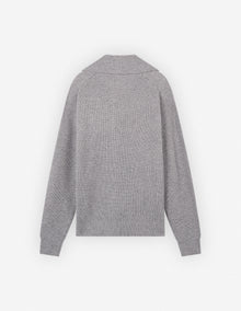 Mens | Bold Fox Head Patch Half Zip Ribbed Merino Wool-Blend Jumper | Grey Melange