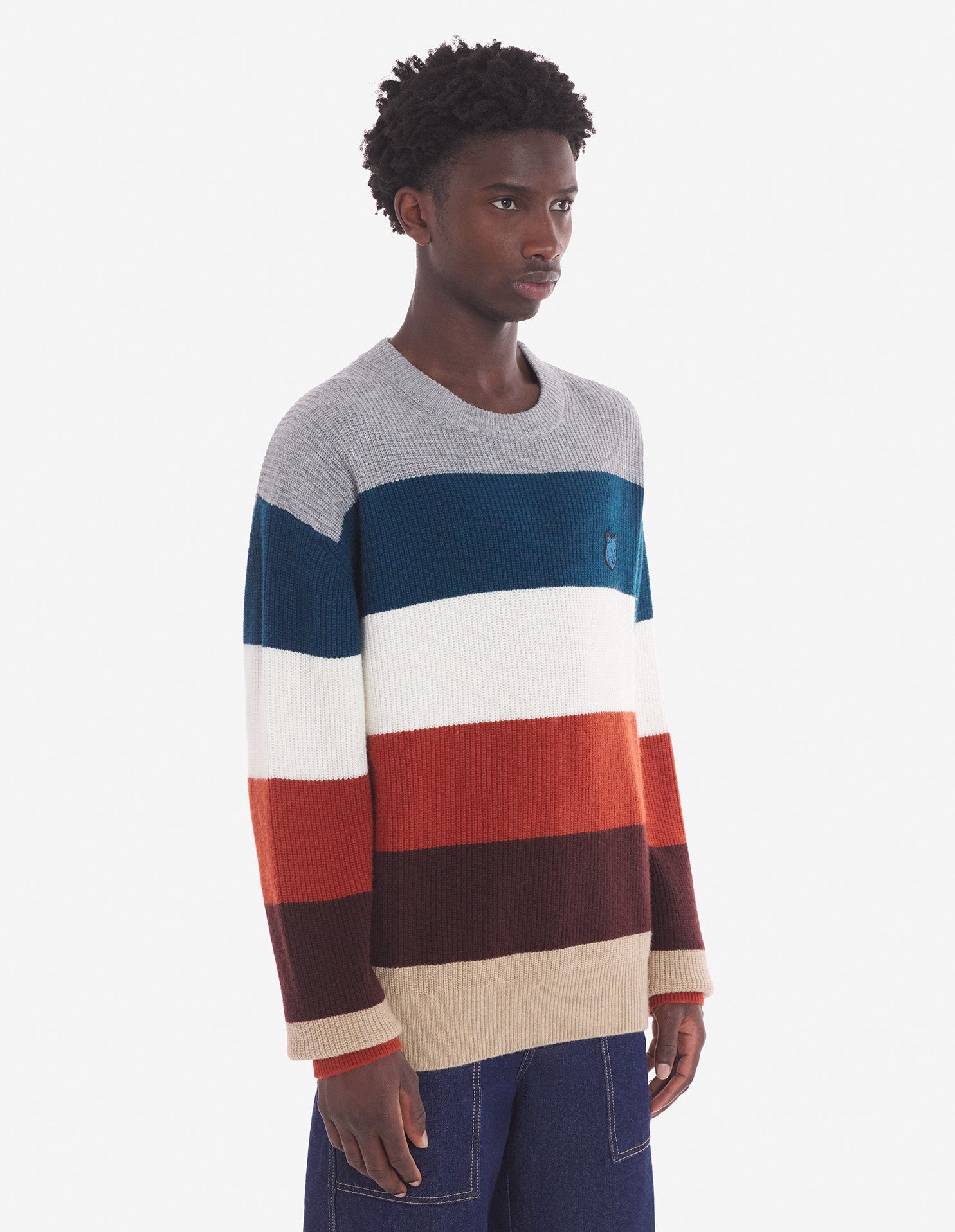 Mens | Bold Fox Head Patch Comfort Wool-Blend Ribbed Jumper | White Stripes
