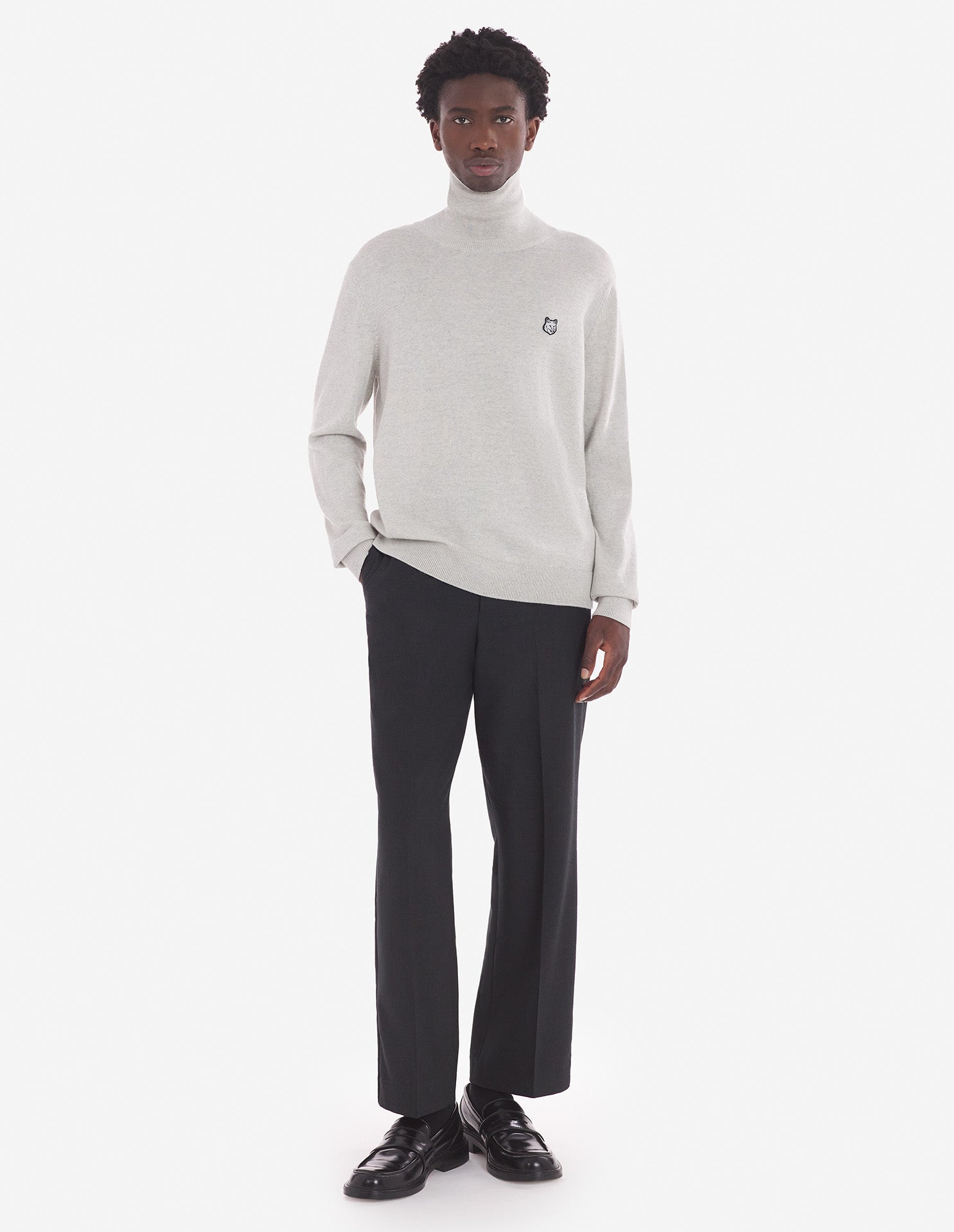 Mens | Bold Fox Head Patch Regular Turtleneck Wool Pullover | Light Grey Melange