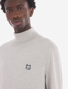 Mens | Bold Fox Head Patch Regular Turtleneck Wool Pullover | Light Grey Melange
