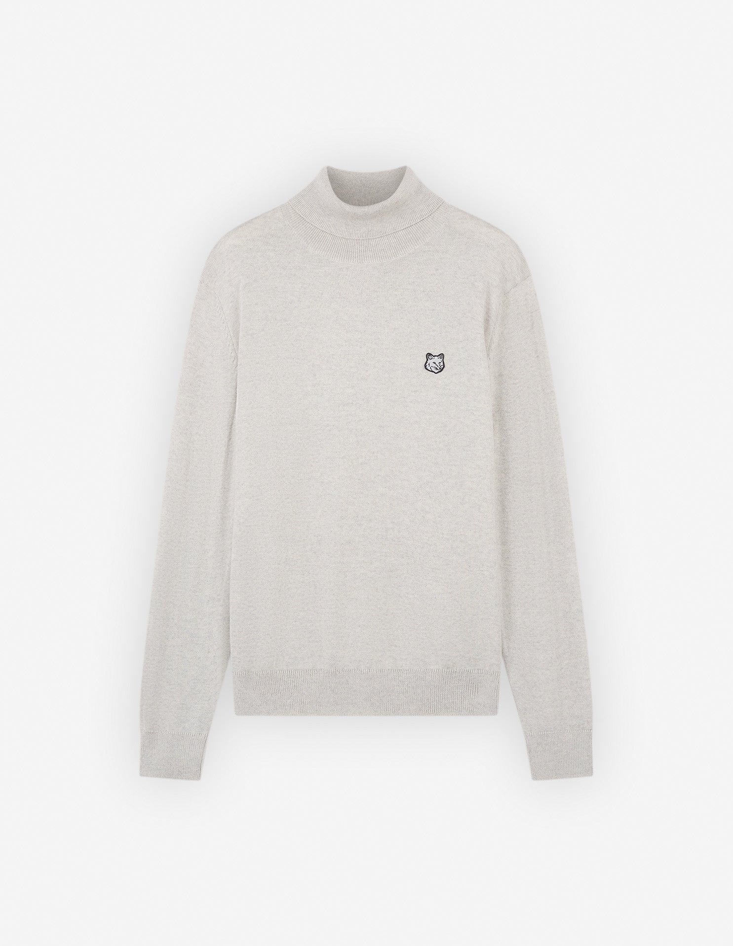 Mens | Bold Fox Head Patch Regular Turtleneck Wool Pullover | Light Grey Melange