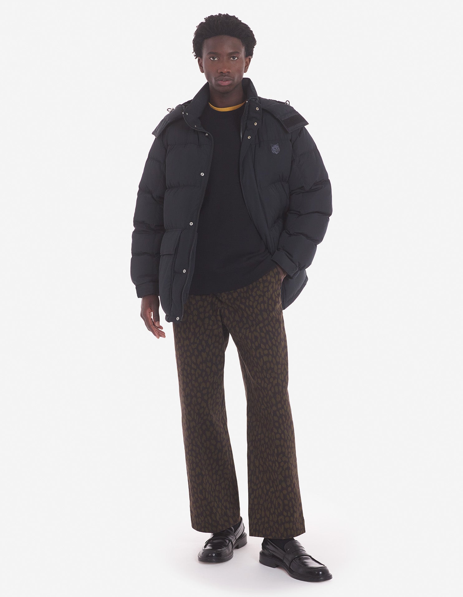 Mens | Bold Fox Head Patch Nylon Hooded Puffer | Black