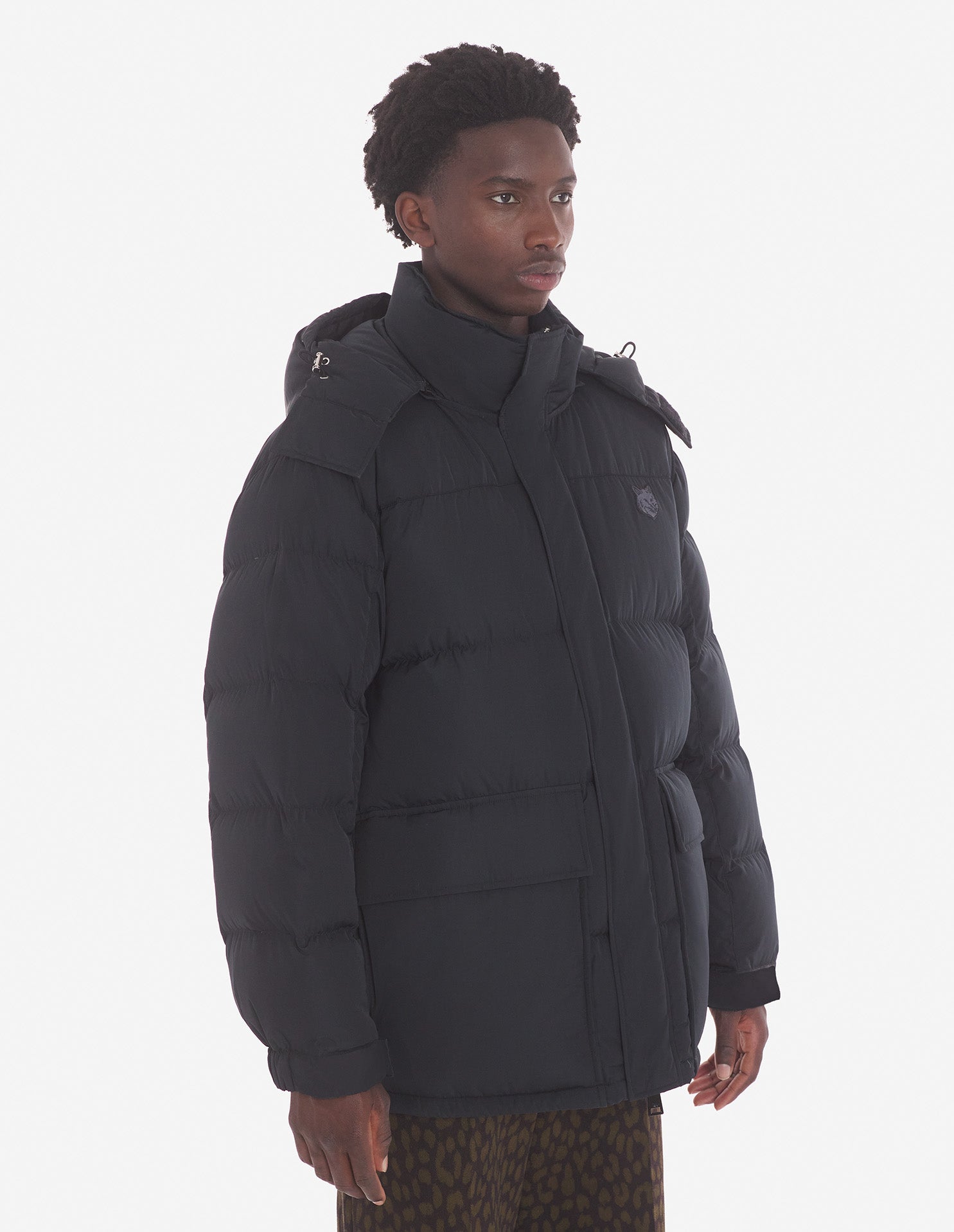 Mens | Bold Fox Head Patch Nylon Hooded Puffer | Black