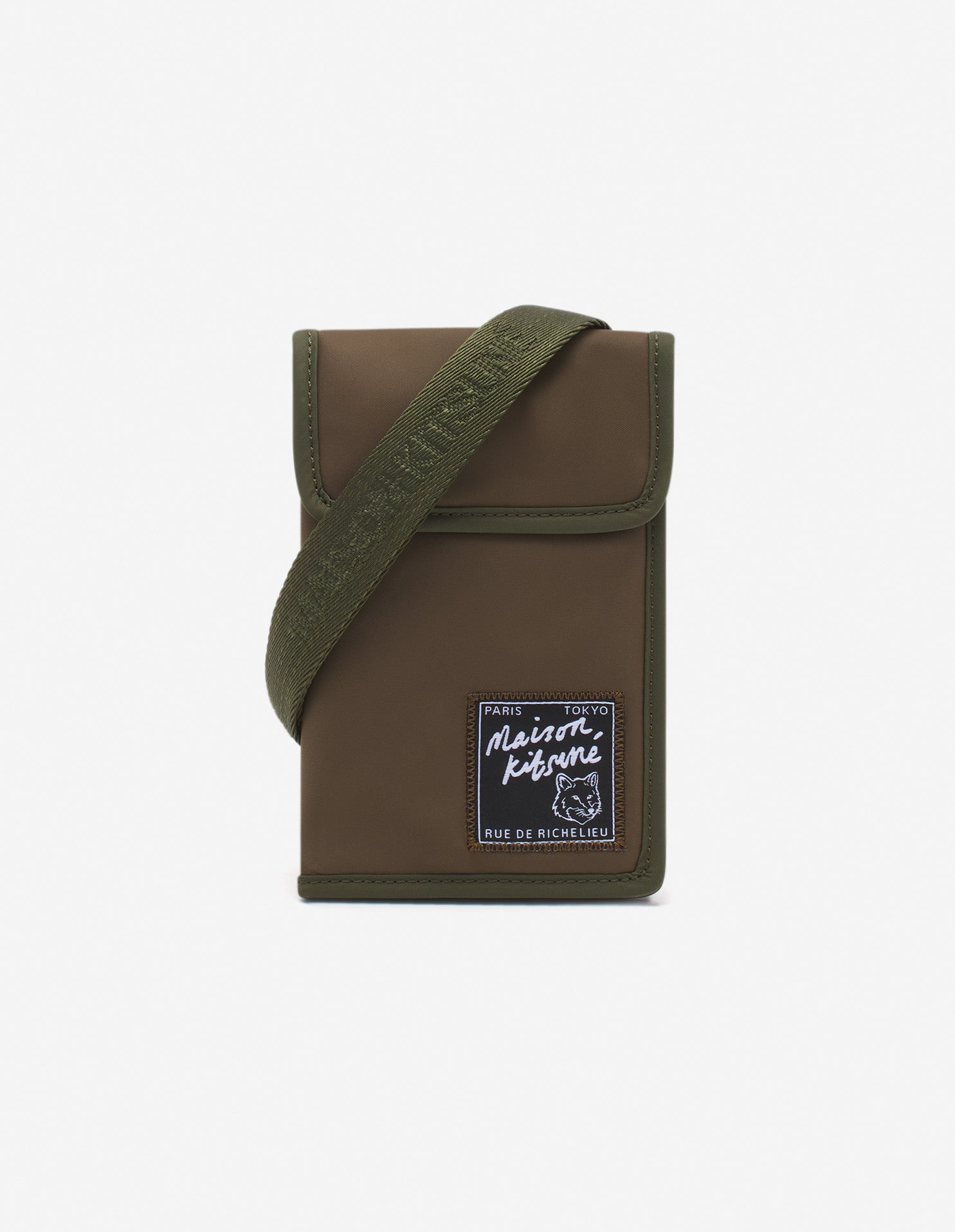 Mens | Maison Kitsune Richelieu Patch Nylon Neck Strap Pouch | Khaki