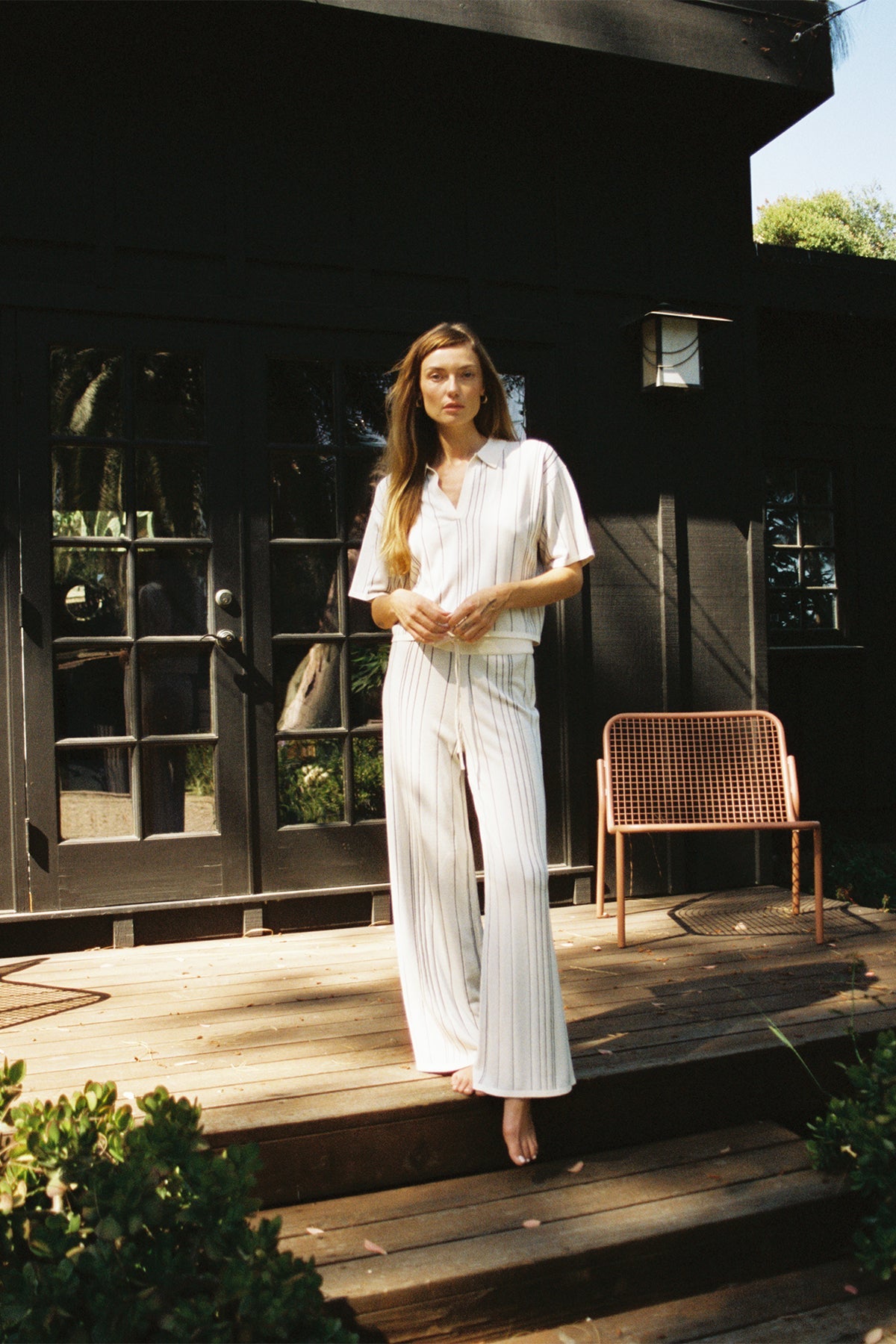 Women | Neena Short Sleeve Deep V | Ivory x Black Stripe