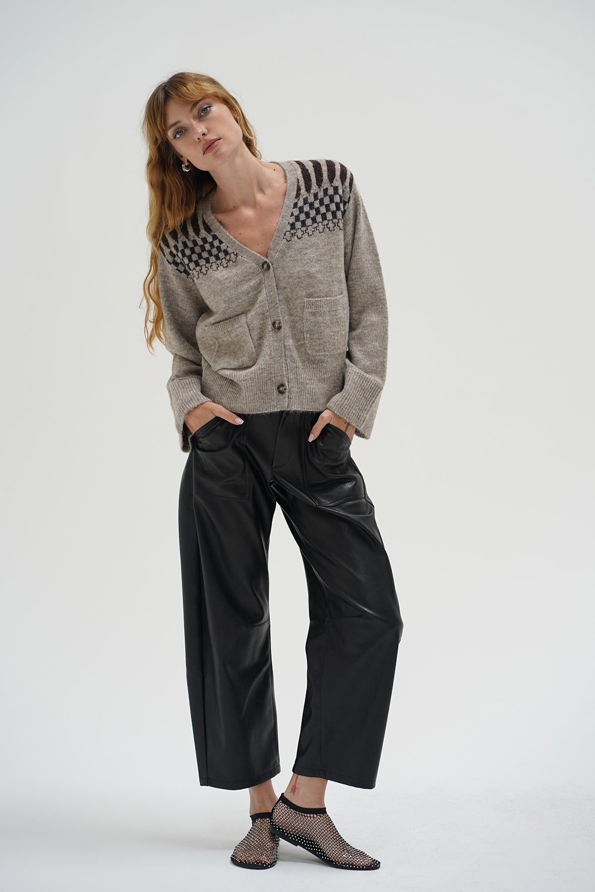 LNA V-neck button down cardigan with two front pockets in heather beige cute detailing on shoulder