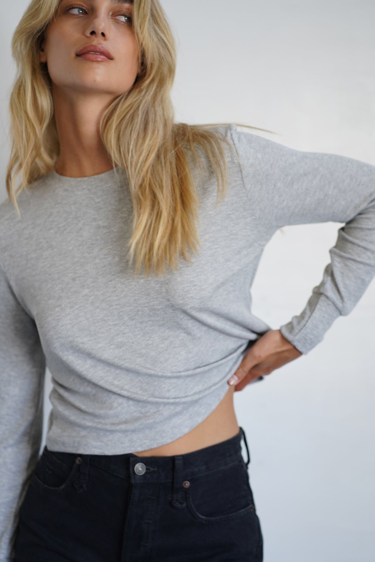 LNA Ribbed long Sleeve Crew in Heather Grey
