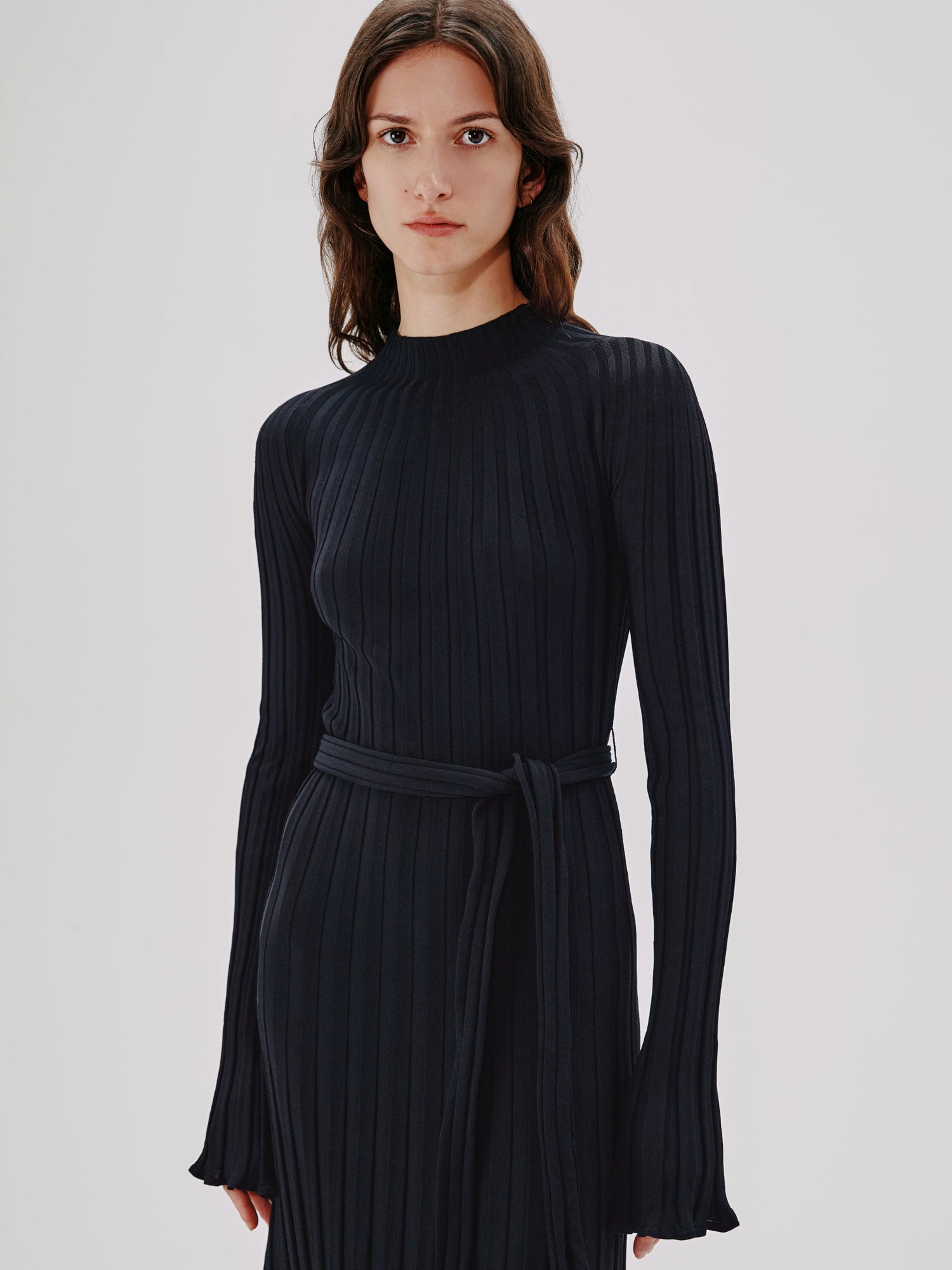 Another Tomorrow Long Sleeve Rib Flare Dress in Black – Viscose Women's Dress