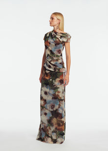 Floral Printed Chiffon Draped Column Gown | Cactus Multi