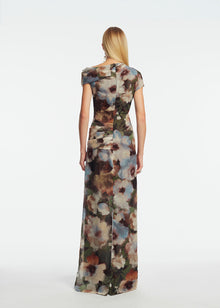 Floral Printed Chiffon Draped Column Gown | Cactus Multi